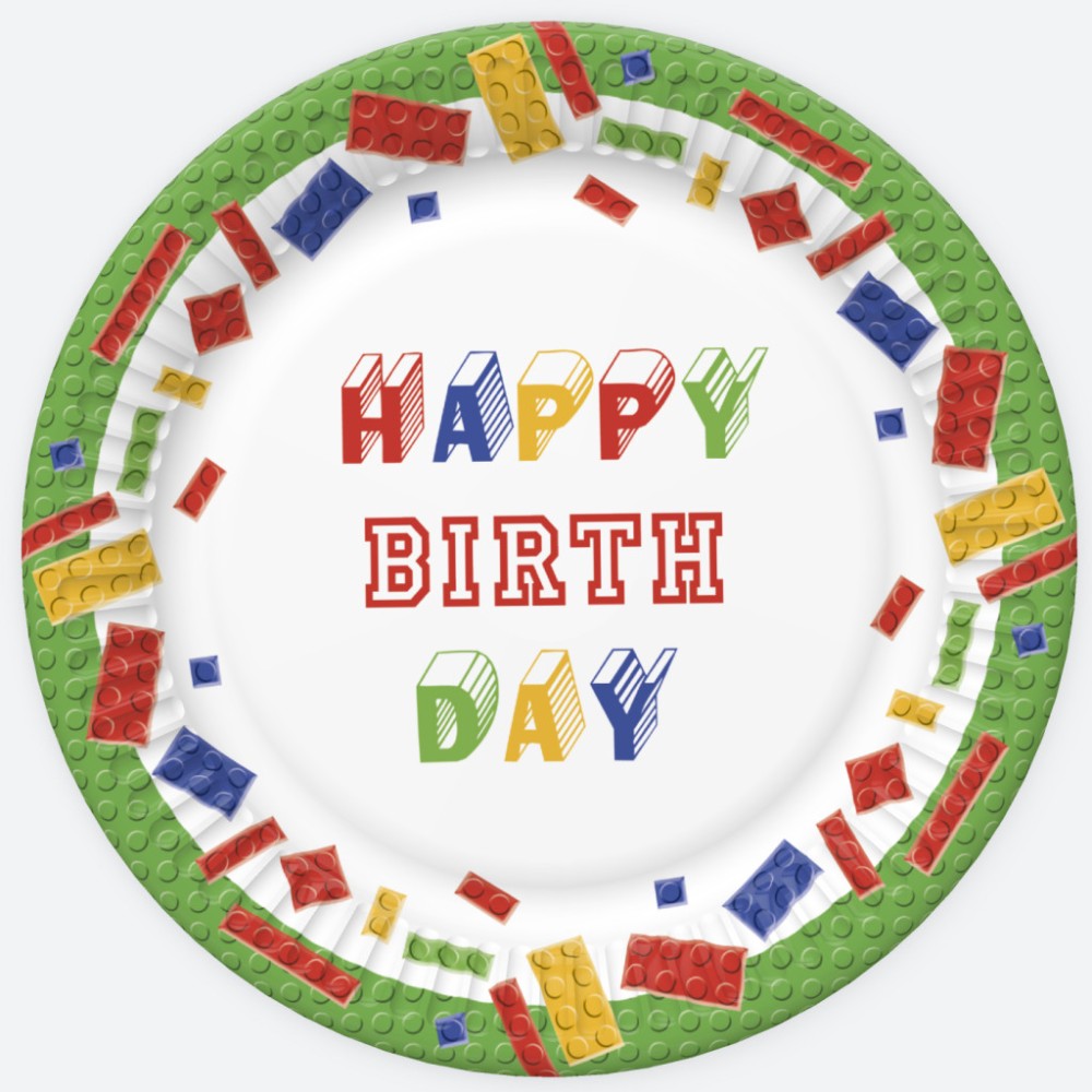 Happy Birthday Building Blocks Happy Birthday paper plate set of 8, 22.7 cm