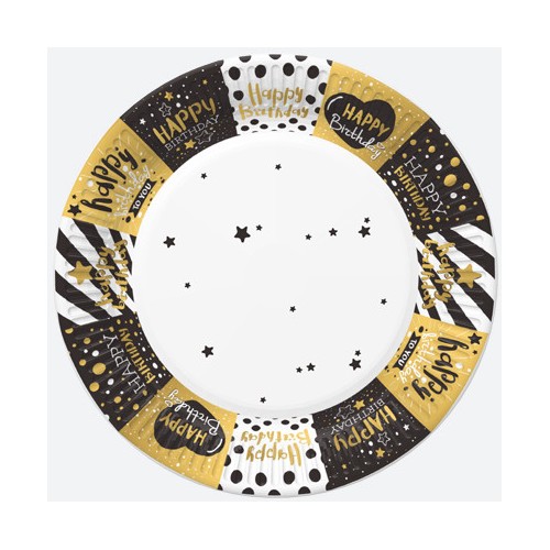 Happy Birthday Golden Happy Birthday paper plate set of 8 pieces 18 cm