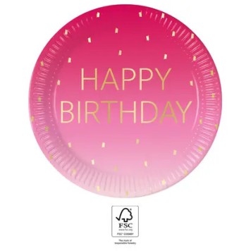 Happy Birthday Golden Pink Happy Birthday Paper Plate 8 pcs 23 cm FSC
