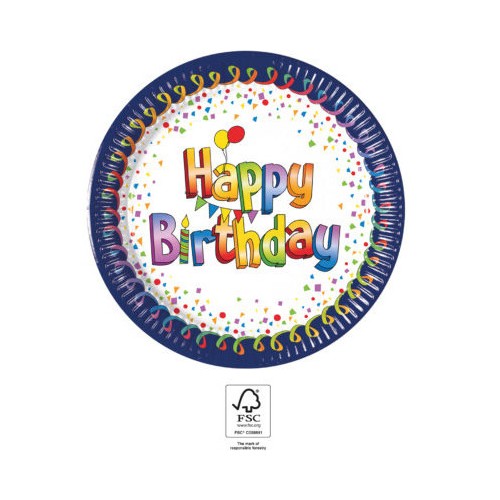 Happy Birthday Multicolor Happy Birthday Paper Plate 8 pcs 20 cm FSC