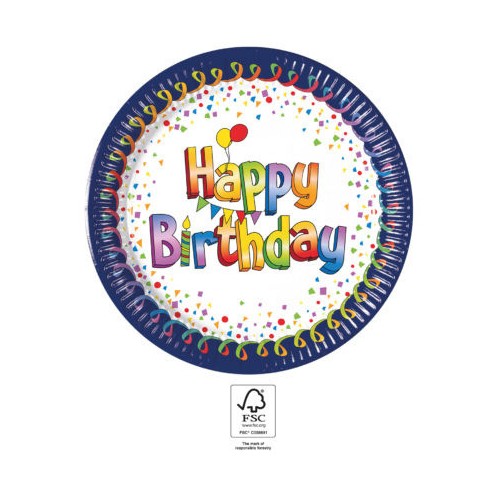 Happy Birthday Multicolor Happy Birthday paper plate 8 pcs 23 cm FSC