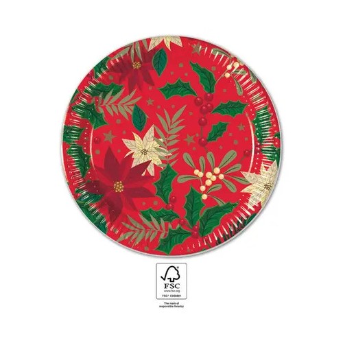 Christmas Holly Poinsettia i paper plate 8 pcs 23 cm FSC