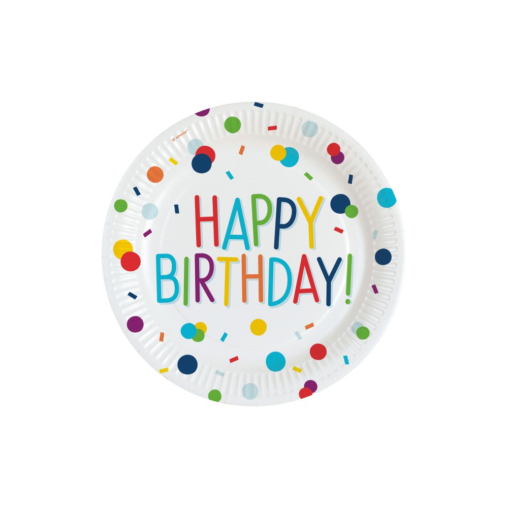 Party Colorful Confetti Happy Birthday Paper Plate, 8 pcs, 23 cm