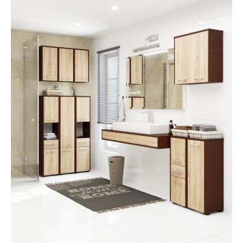 Colonne meuble étagère salle de bains  2 portes 30X30X 140cm Marron bois naturel