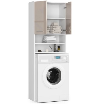 Meuble machine a laver 2 portes façade cappucino brillant 4 étagères 64x30x180 cm