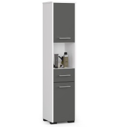 Colonne meuble étagère de salle de bain 2 portes 1 tiroirs 140x30X30 cm Gris
