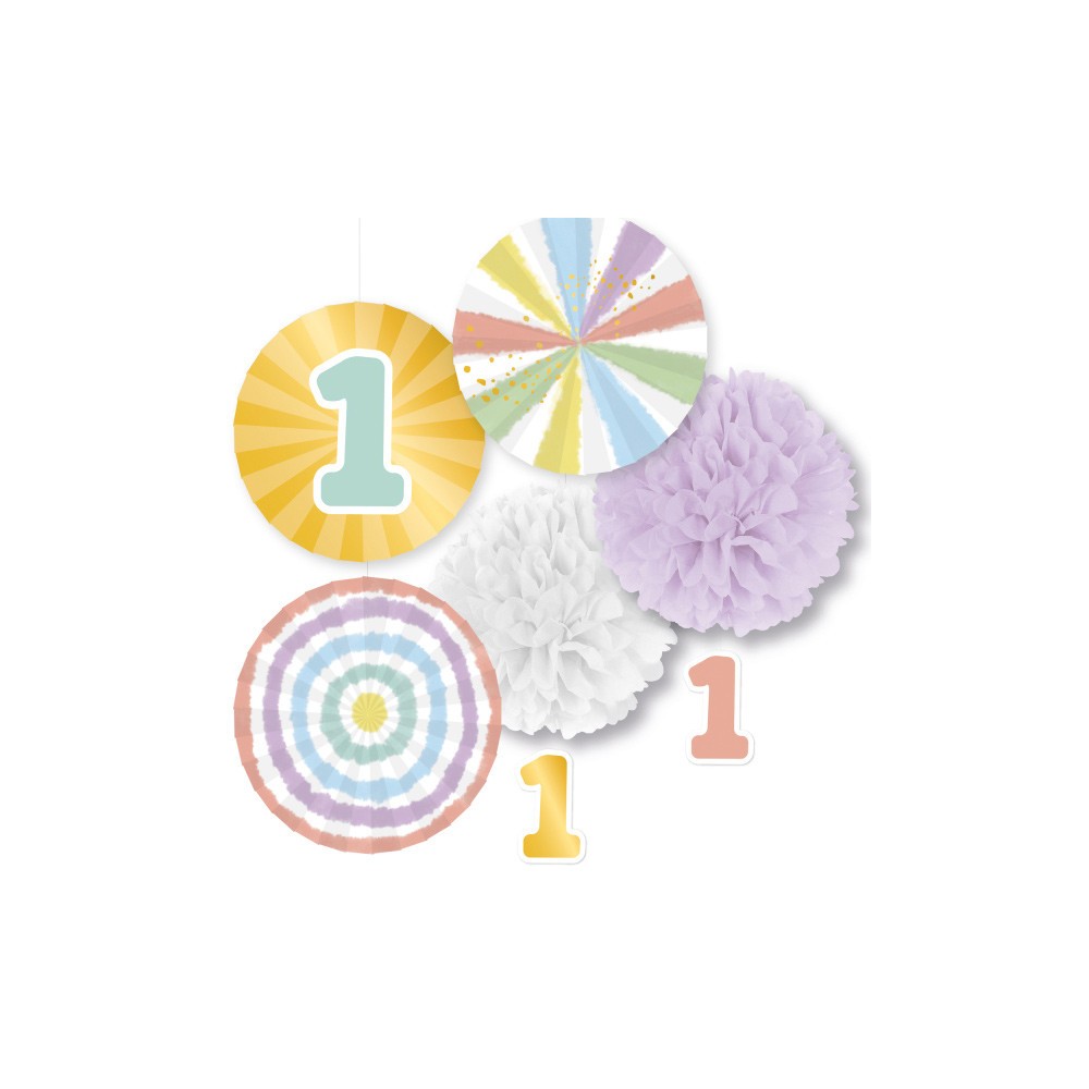 Baby Rainbow First Birthday Hanging Decoration, set of 5
