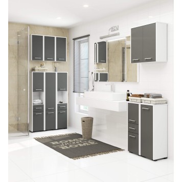 Colonne meuble étagère de salle de bain 2 portes 1 tiroirs 140x30X30 cm Gris