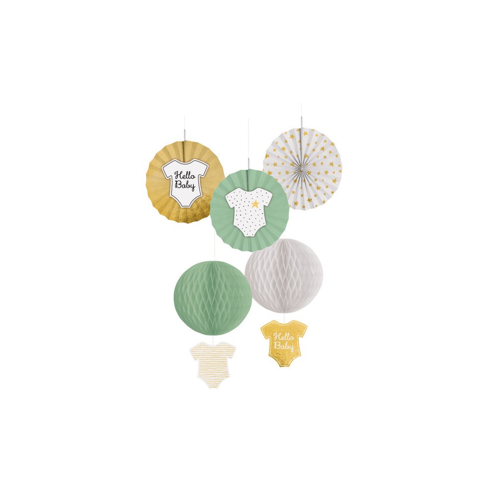 Baby Gold Hello hanging decoration, set of 5