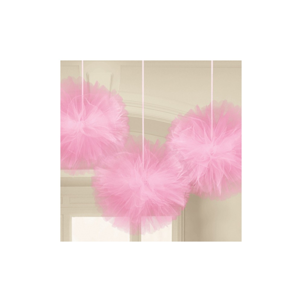 Colour Pink, Hanging Tulle Pom Pom Decoration 3 pcs