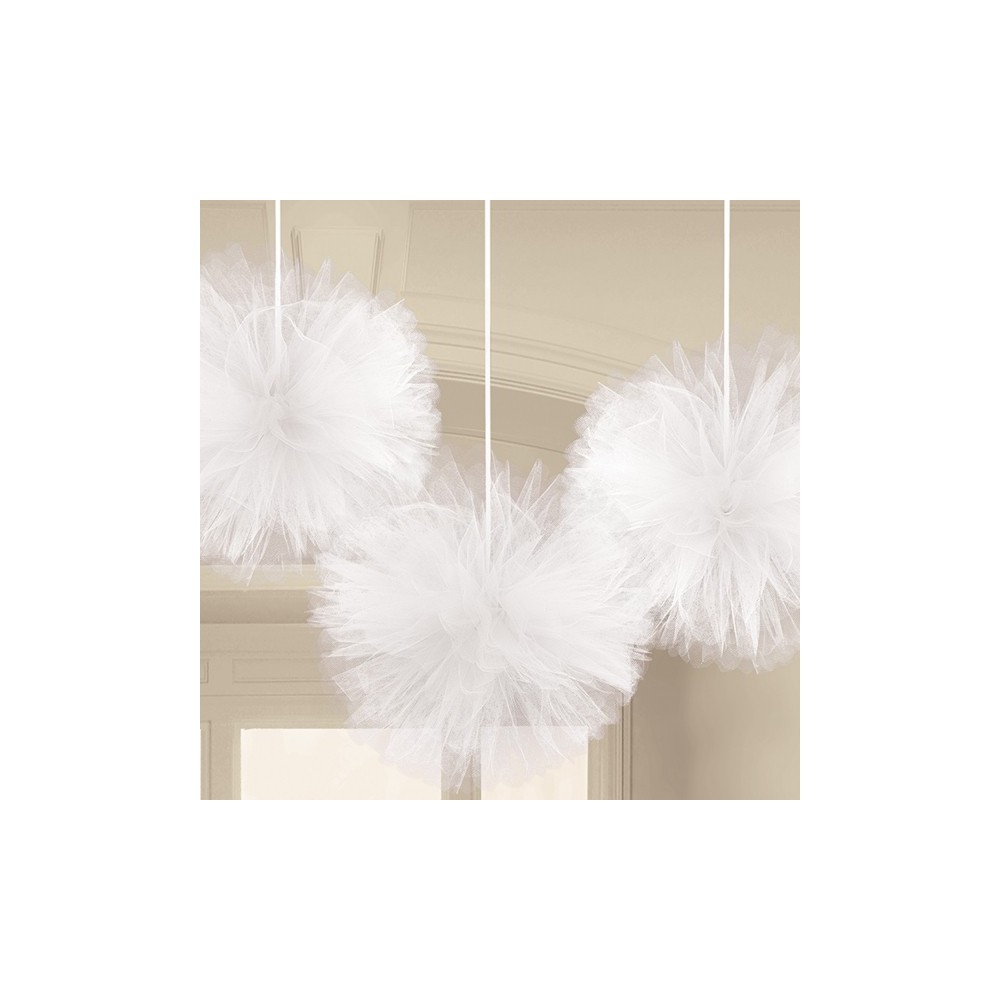 Colour Hanging Tulle Pom Pom White Decoration Set of 3