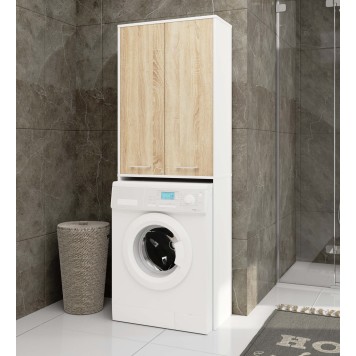 Meuble machine a laver 2 portes 4 étagères 180X64X30 cm Blanc- Porte Bois