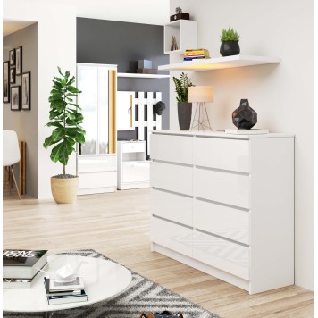 KOMODA K 120 cm 8 SZUFLAD AKRYL BIAŁA WYSOKI POŁYSK