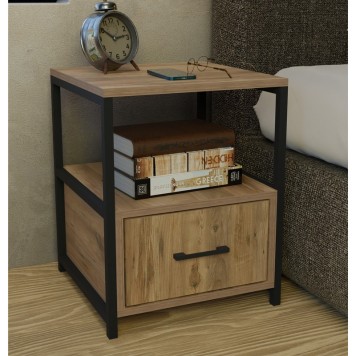 Table de chevet bois et métal 1 tiroir marron noir 45x45x57 cm
