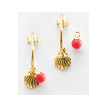 Victoria Gold-colored Shell-patterned Earrings with Red Beads