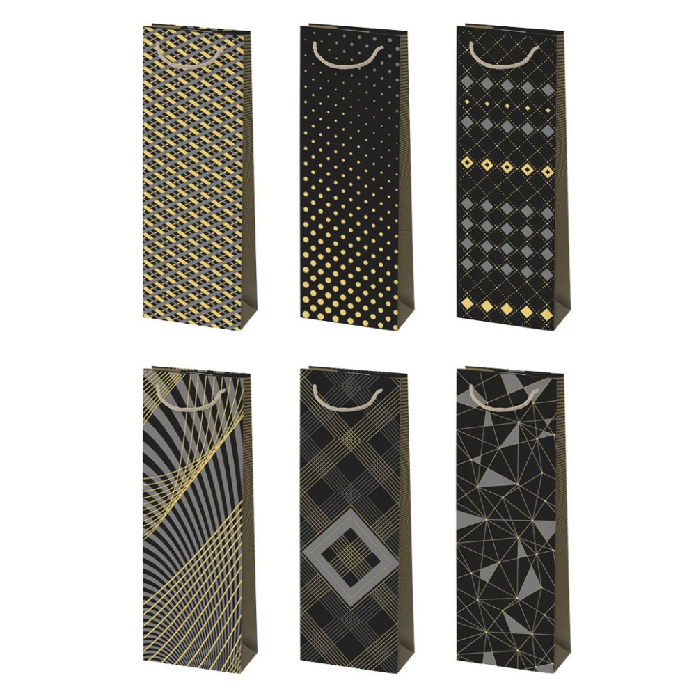 Colour Black&Gold Patterned paper wine bag 13x38x11 cm