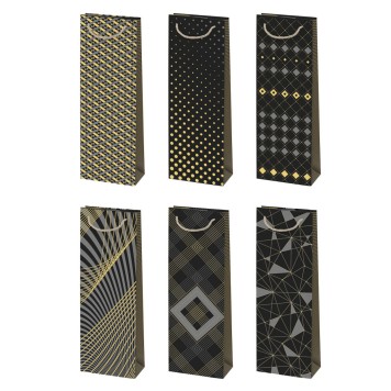 Colour Black&Gold Patterned paper wine bag 13x38x11 cm