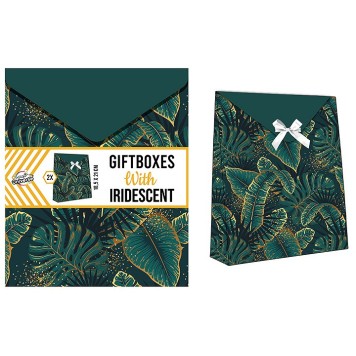 Colour Iridescent Green leaf patterned gift box set of 2