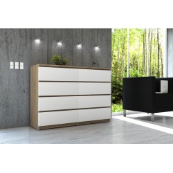 KOMODA K 120 cm 8 SZUFLAD PK SONOMA / BIAŁA