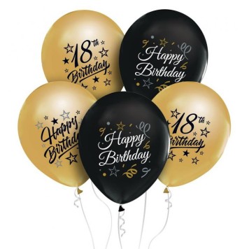 Happy Birthday Gold-Black Colorful Happy Birthday 18 Balloon, 5-piece set 12 inch (30 cm)