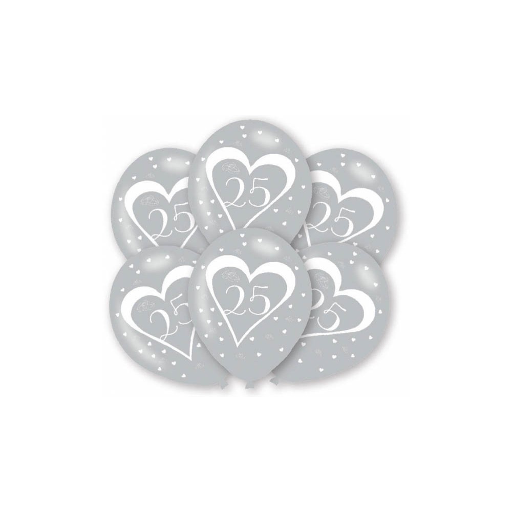 Anniversary Silver 25th balloon, 6 pcs balloons 11 inch (27.5 cm)