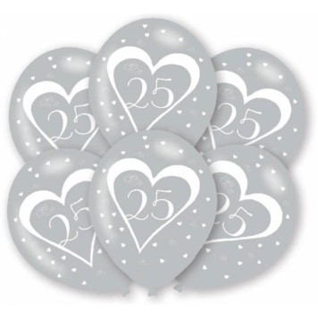 Anniversary Silver 25th balloon, 6 pcs balloons 11 inch (27.5 cm)