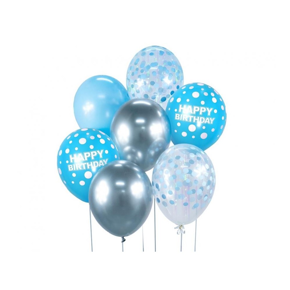 Colour Happy Birthday Silver-Blue, Silver-Blue balloon set of 7 pcs 30cm (12 inch)