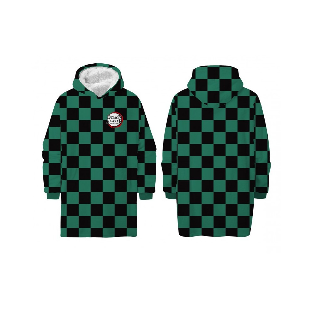 Demon Slayer Green adult pullover lined sherpa fleece blanket, poncho