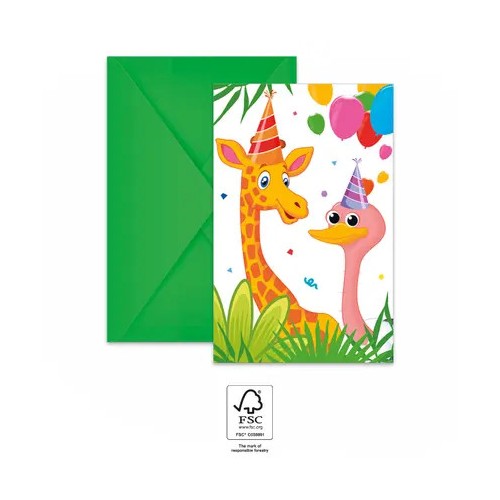 Jungle Balloons party invitation 6 pcs FSC