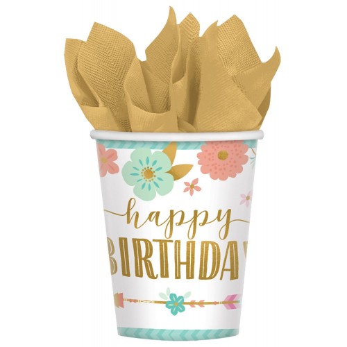 Happy Birthday Boho Happy Birthday paper cups, 8 pcs, 250 ml