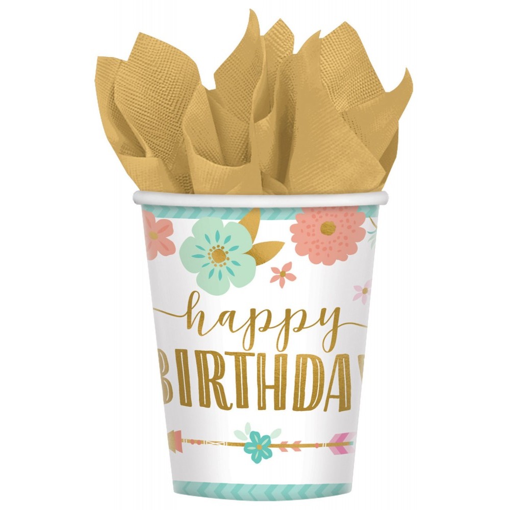 Happy Birthday Boho Happy Birthday paper cups, 8 pcs, 250 ml