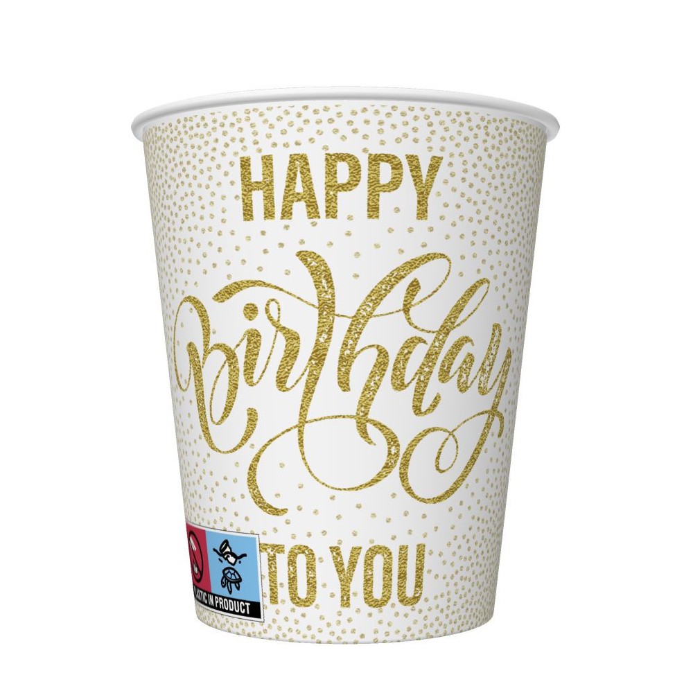 Happy Birthday Dotted Gold Happy Birthday paper cups set of 8, 250 ml