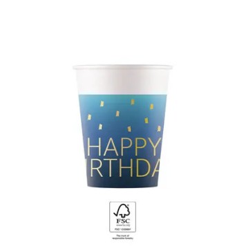 Happy Birthday Golden Blue Happy Birthday paper cup, 8 pcs, 200 ml, FSC