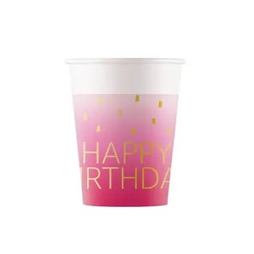 Happy Birthday Golden Pink Happy Birthday paper cup, 8 pcs, 200 ml, FSC