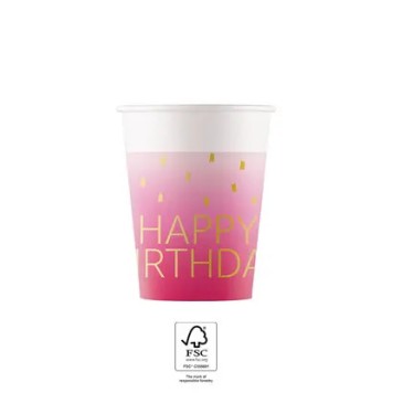 Happy Birthday Golden Pink Happy Birthday paper cup, 8 pcs, 200 ml, FSC