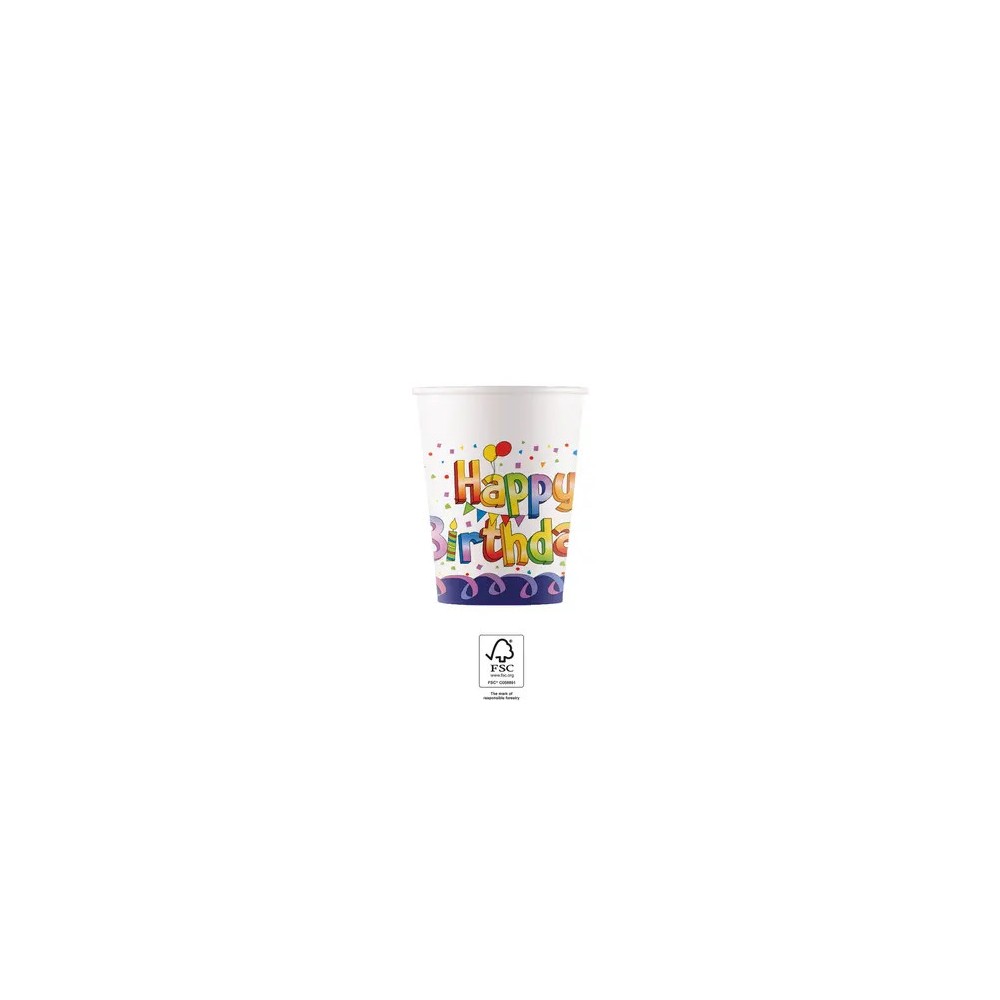 Happy Birthday Multicolor Happy Birthday paper cup set of 8 pcs 200 ml FSC