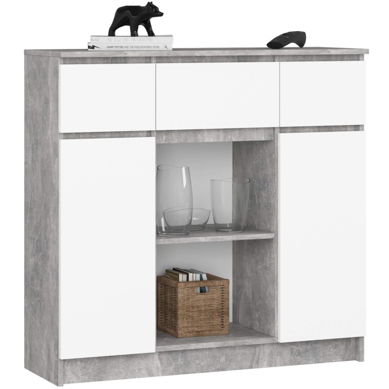 OSLY Buffet commode bois 3 tiroirs 2 portes 98x101x35cm Gris béton Blanc OSLY Buffet commode bois 3 tiroirs 2 portes 98x101x35cm Gris béton Blanc