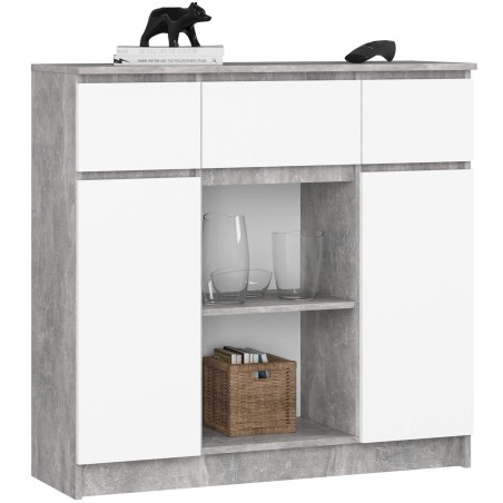 OSLY Buffet commode bois  3 tiroirs 2 portes  98x101x35cm Gris béton Blanc