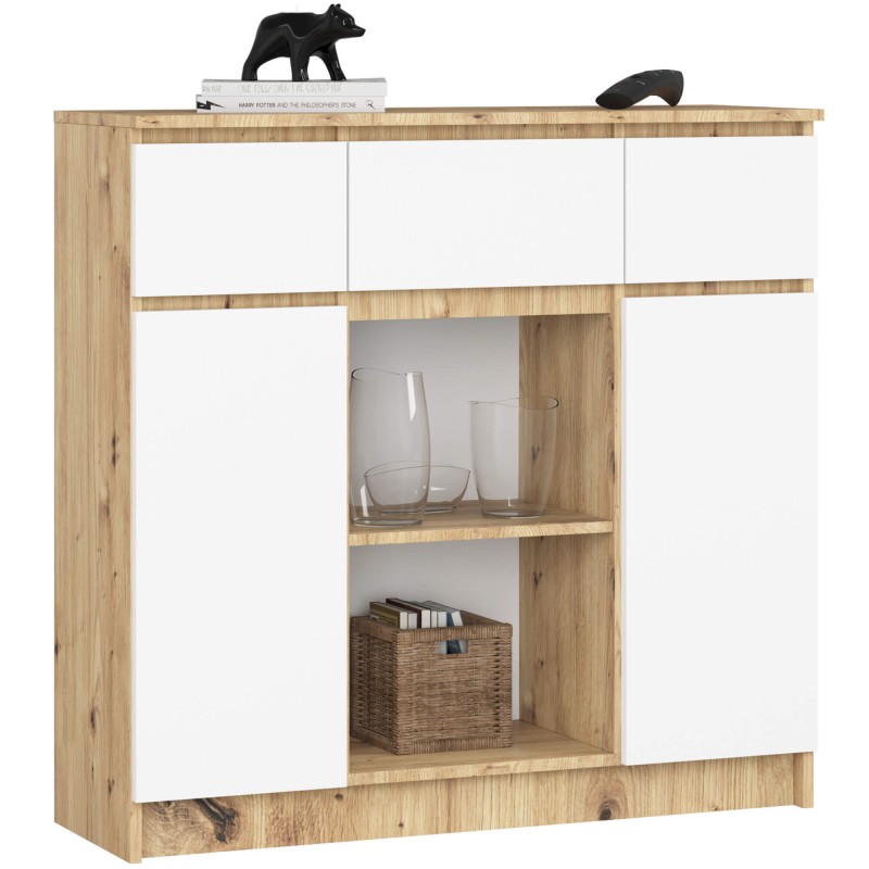 OSLY Buffet commode bois  3 tiroirs 2 portes  98x101x35cm Marron Blanc