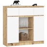 OSLY Buffet commode bois  3 tiroirs 2 portes  98x101x35cm Marron Blanc