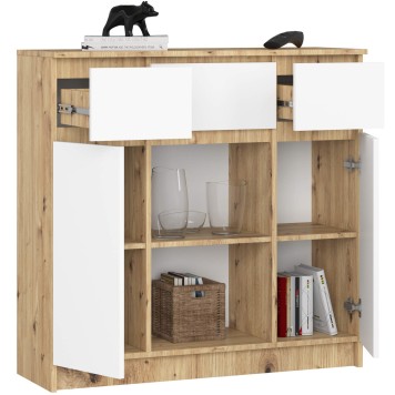 OSLY Buffet commode bois  3 tiroirs 2 portes  98x101x35cm Marron Blanc