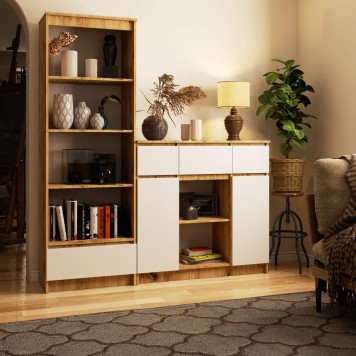 OSLY Buffet commode bois  3 tiroirs 2 portes  98x101x35cm Marron Blanc