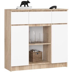 OSLY Buffet commode bois  3 tiroirs 2 portes  98x101x35cm Marron Blanc