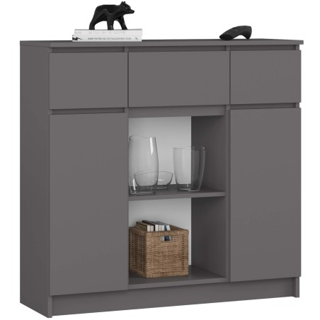 OSLY Buffet commode bois  3 tiroirs 2 portes  98x101x35cm Gris anthracite