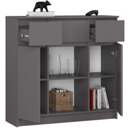OSLY Buffet commode bois  3 tiroirs 2 portes  98x101x35cm Gris anthracite