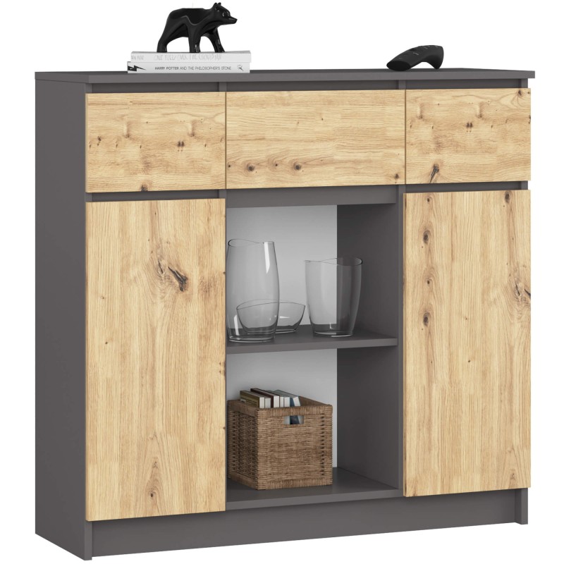 OSLY Buffet commode  3 tiroirs 2 portes  98x101x35cm Gris anthracite bois