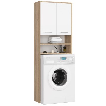 Meuble machine a laver 2 portes Blanc Bois 4 étagères 64x30x180 cm