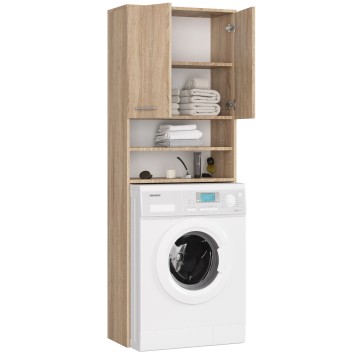 Meuble machine a laver 2 portes façade Bois Chêne Sonoma 4 étagères 64x30x180 cm