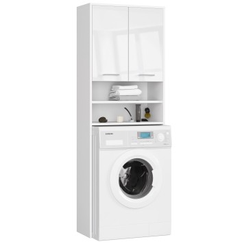 Meuble machine a laver 2 portes façade Blanc brillant 4 étagères 64x30x180 cm