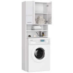 Meuble machine a laver 2 portes façade Blanc brillant 4 étagères 64x30x180 cm